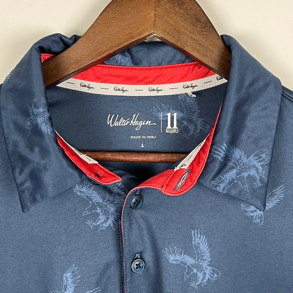 Walter Hagen 11 Majors Mens Navy Blue Eagle Print Golf Polo Shirt Large
